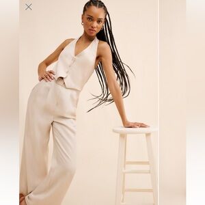 Anthropologie Astr Cream Wide Leg vestJumpsuit, size Small, linen rayon blend